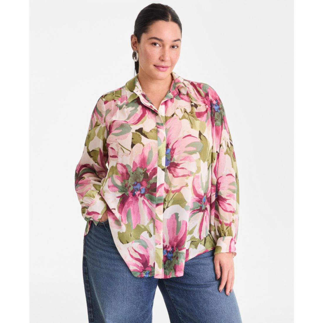 I.n.c. International Concepts Plus Size Printed Long-Sleeve Blouse, Created for Macy's