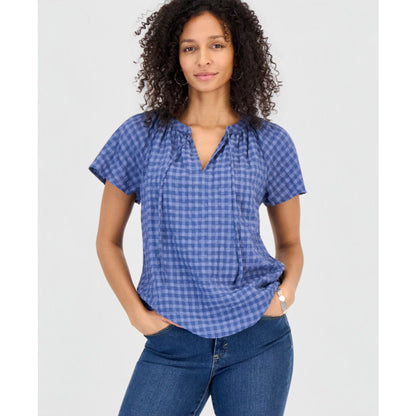 Style & Co Women's Seersucker Split-Neck Flutter Sleeve Top, Created for Macy's