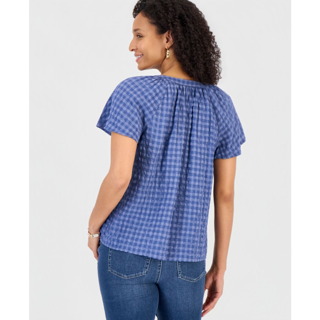 Style & Co Women's Seersucker Split-Neck Flutter Sleeve Top, Created for Macy's