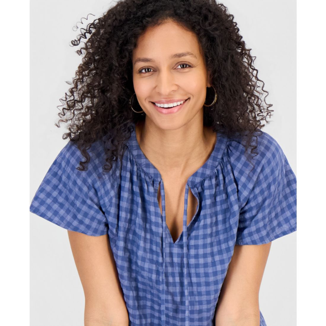 Style & Co Women's Seersucker Split-Neck Flutter Sleeve Top, Created for Macy's