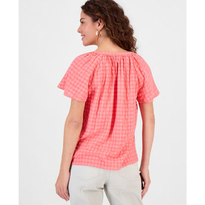 Style & Co Women's Seersucker Split-Neck Flutter Sleeve Top, Created for Macy's