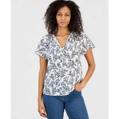Style & Co Women's Seersucker Split-Neck Flutter Sleeve Top, Created for Macy's
