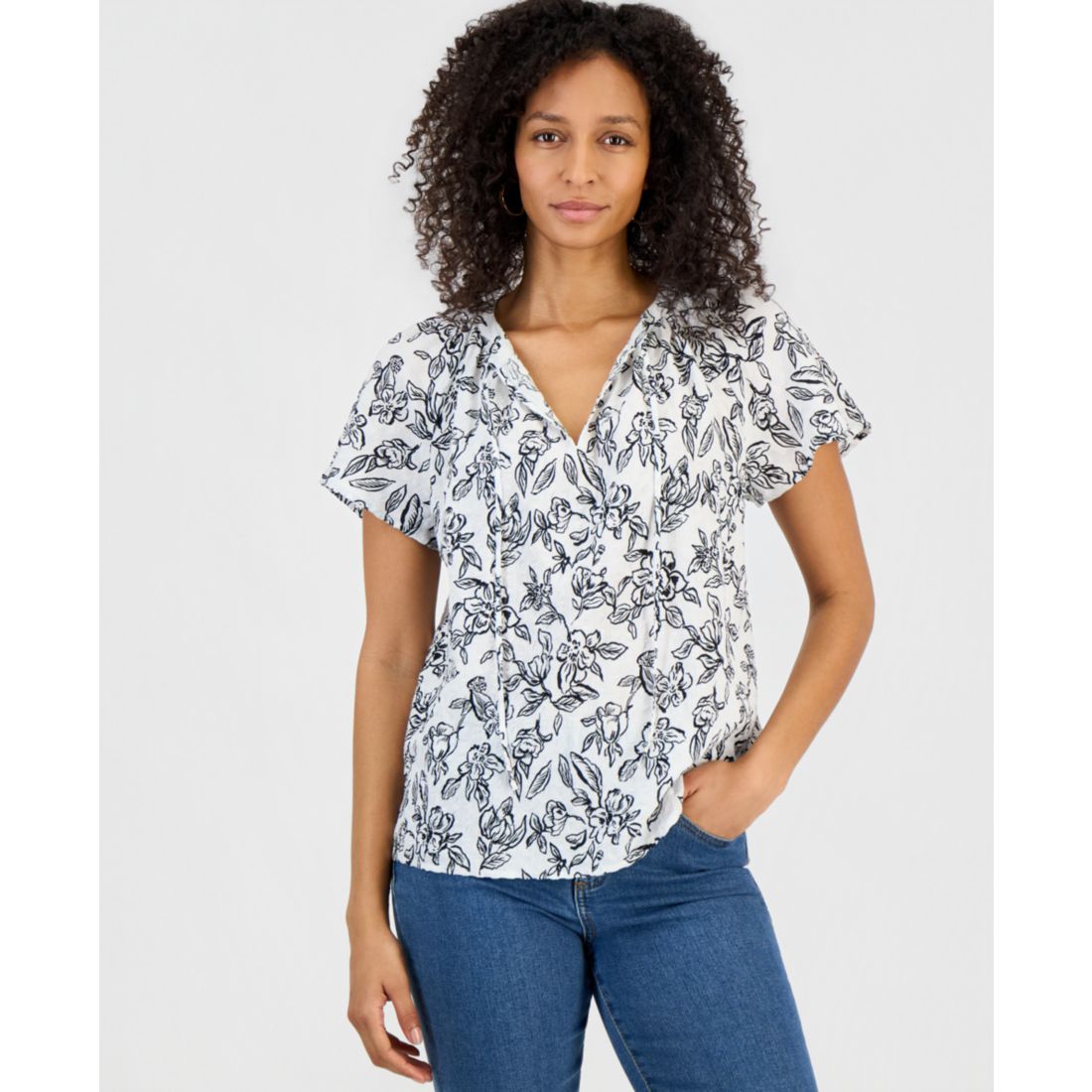 Style & Co Women's Seersucker Split-Neck Flutter Sleeve Top, Created for Macy's
