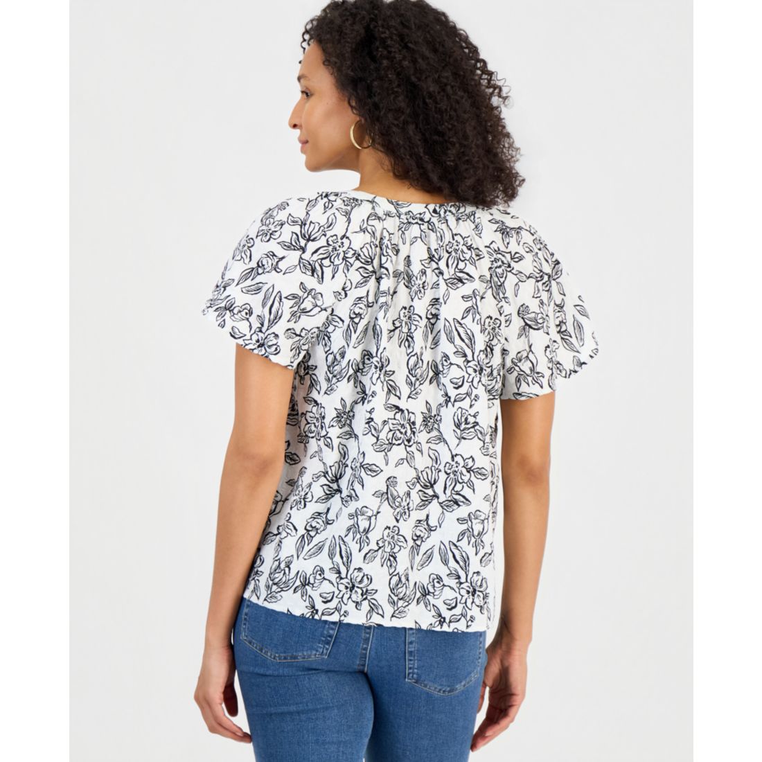 Style & Co Women's Seersucker Split-Neck Flutter Sleeve Top, Created for Macy's