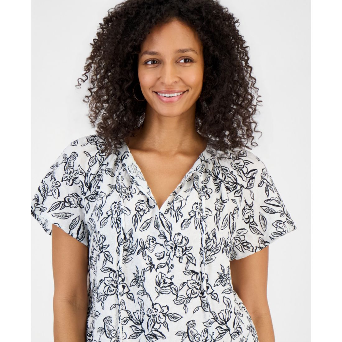 Style & Co Women's Seersucker Split-Neck Flutter Sleeve Top, Created for Macy's