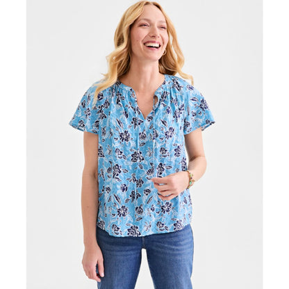 Style & Co Women's Seersucker Split-Neck Flutter Sleeve Top, Created for Macy's