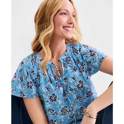 Style & Co Women's Seersucker Split-Neck Flutter Sleeve Top, Created for Macy's