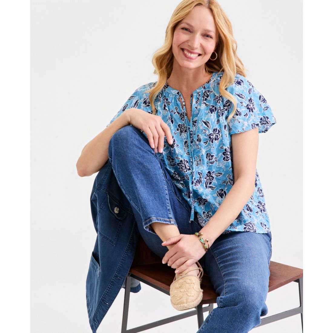 Style & Co Women's Seersucker Split-Neck Flutter Sleeve Top, Created for Macy's