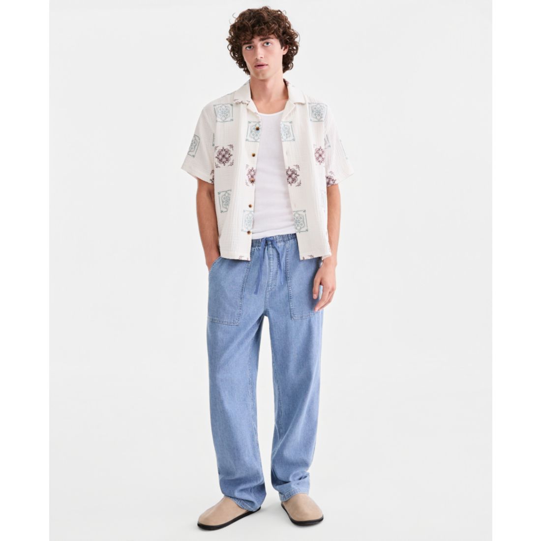 Sun + Stone Men's Cotton Embroidered Relaxed Camp Shirt, Macy's Exclusive