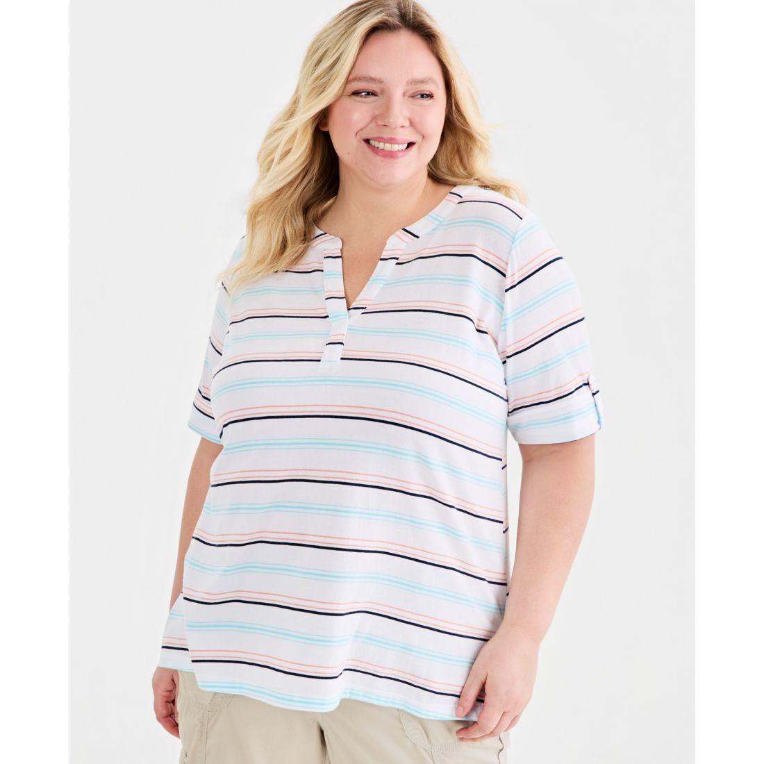 Style & Co Plus Size Striped Roll-Tab Elbow-Sleeve T-Shirt, Macy's Exclusive