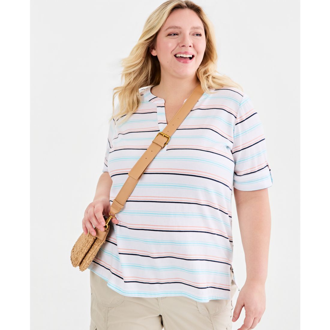 Style & Co Plus Size Striped Roll-Tab Elbow-Sleeve T-Shirt, Macy's Exclusive