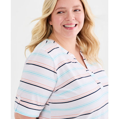 Style & Co Plus Size Striped Roll-Tab Elbow-Sleeve T-Shirt, Macy's Exclusive