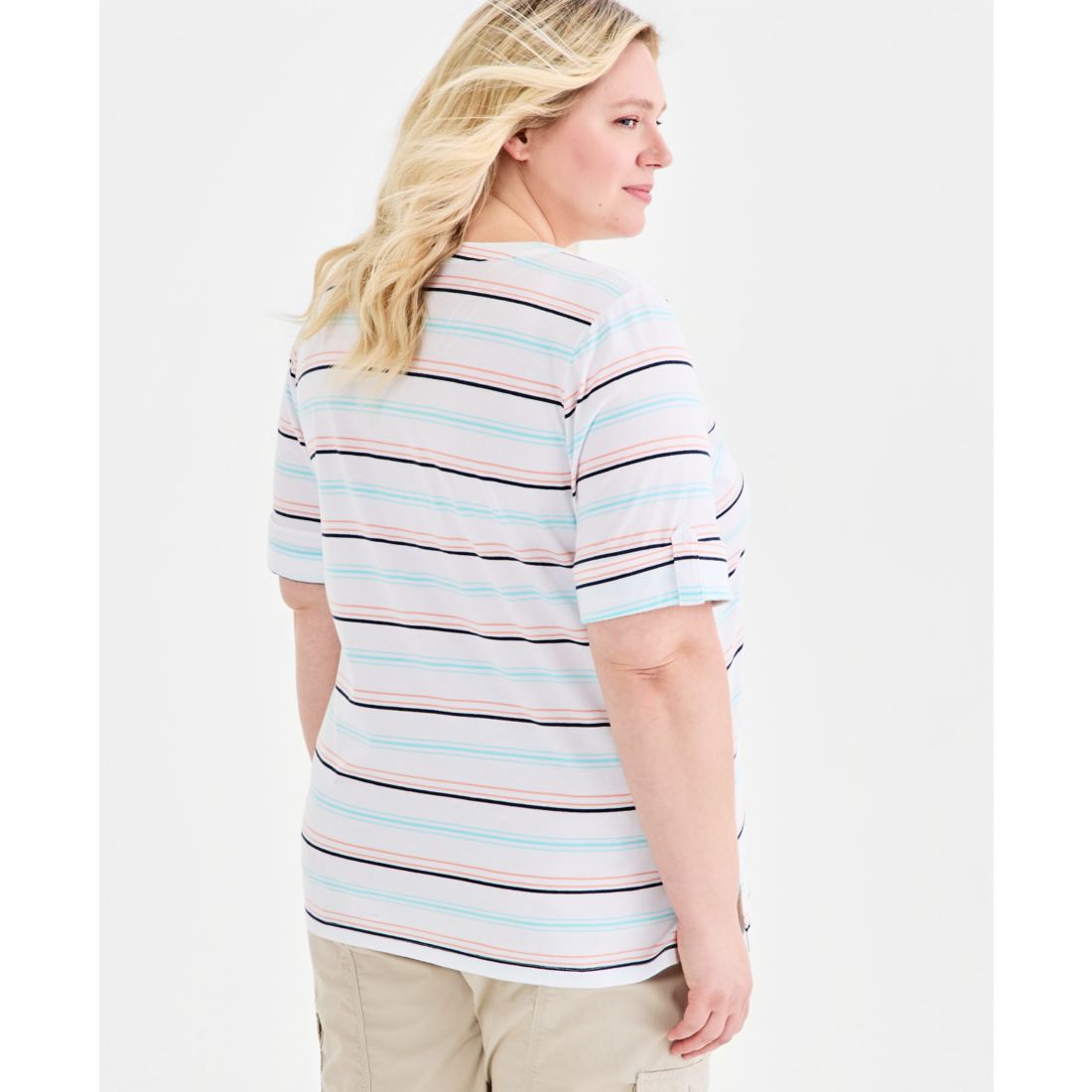 Style & Co Plus Size Striped Roll-Tab Elbow-Sleeve T-Shirt, Macy's Exclusive
