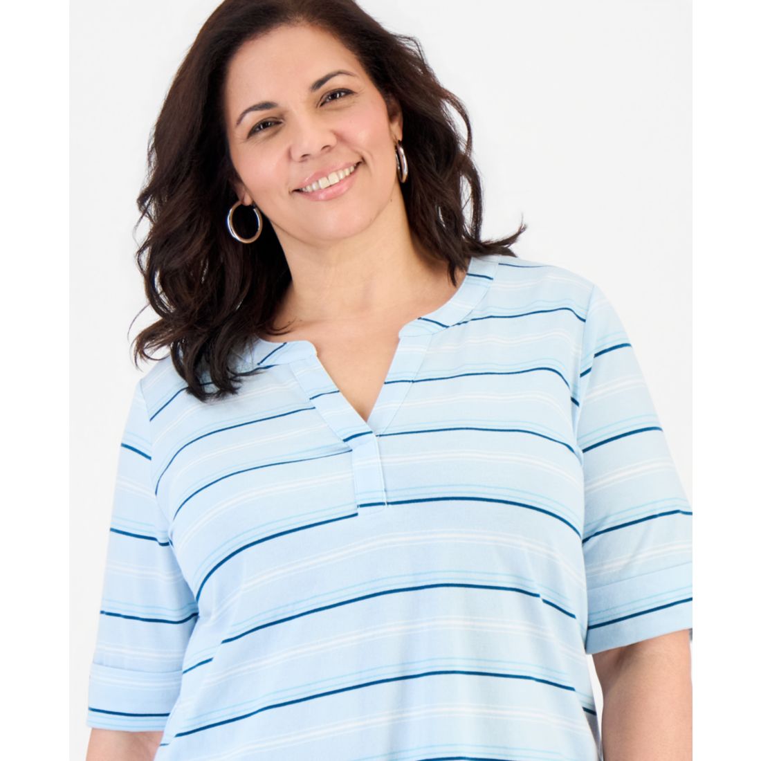 Style & Co Plus Size Striped Roll-Tab Elbow-Sleeve T-Shirt, Macy's Exclusive