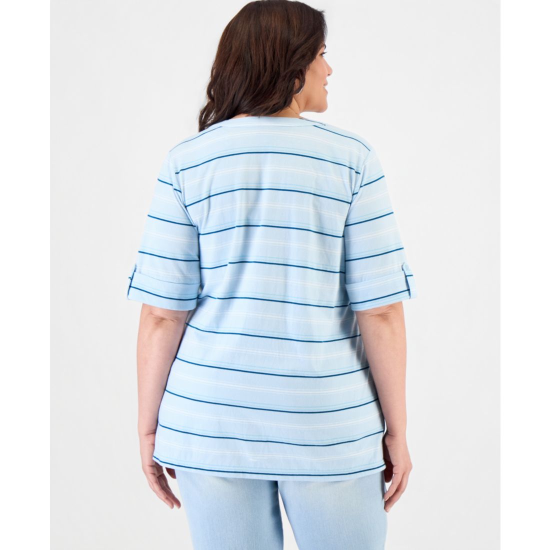 Style & Co Plus Size Striped Roll-Tab Elbow-Sleeve T-Shirt, Macy's Exclusive