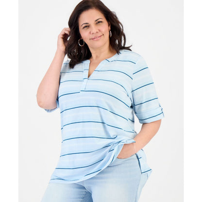 Style & Co Plus Size Striped Roll-Tab Elbow-Sleeve T-Shirt, Macy's Exclusive