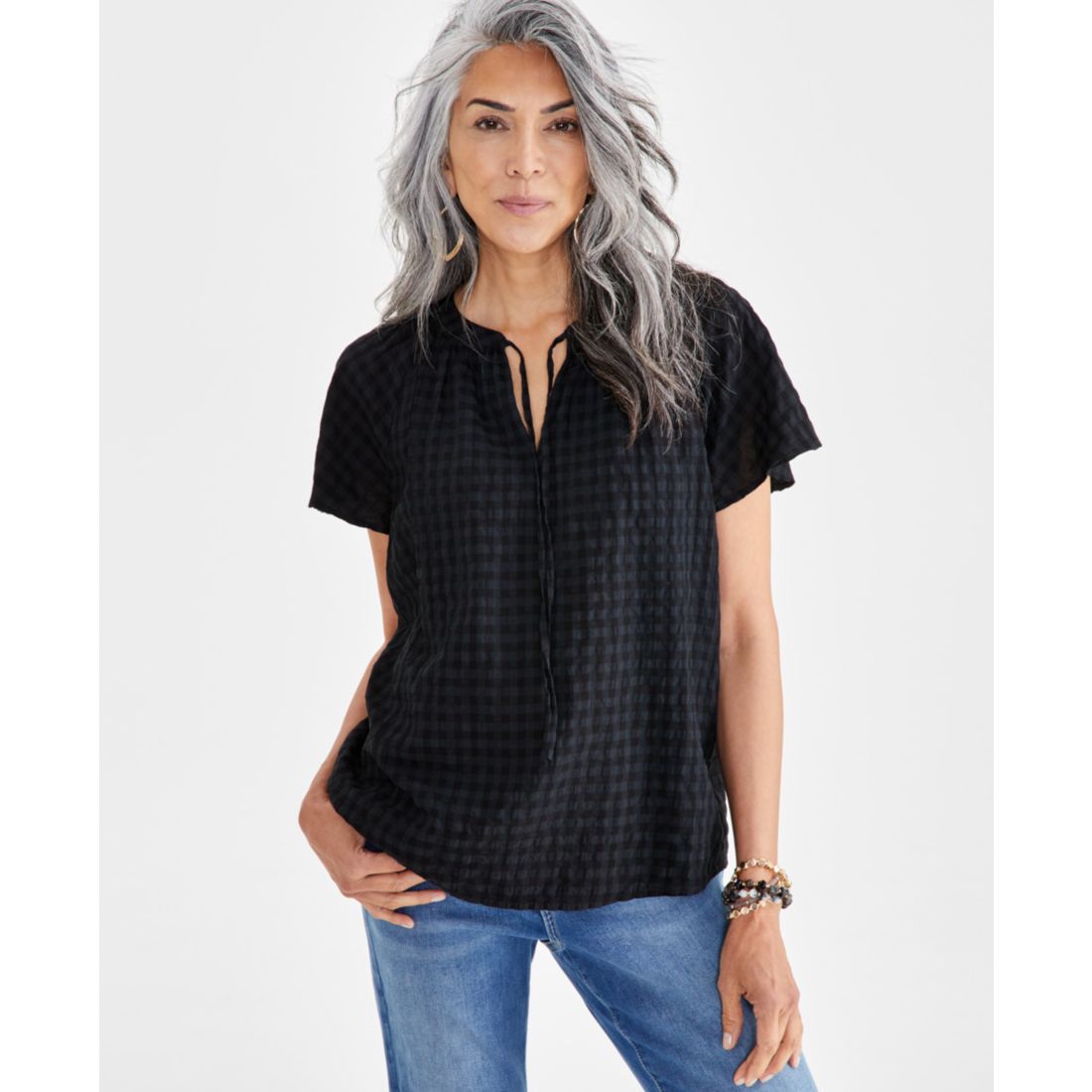Style & Co Women's Seersucker Split-Neck Flutter Sleeve Top, Created for Macy's