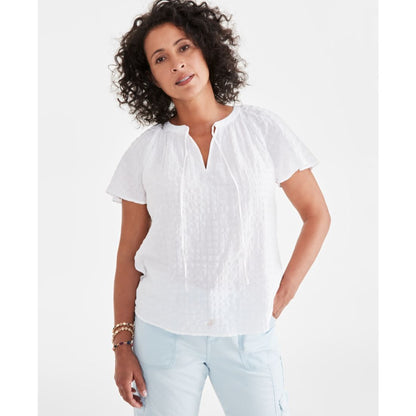 Style & Co Women's Seersucker Split-Neck Flutter Sleeve Top, Created for Macy's