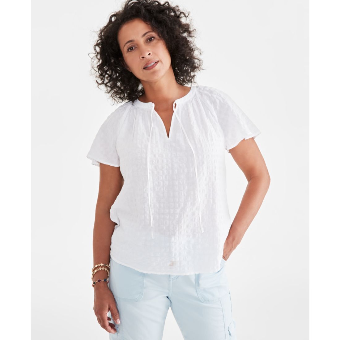 Style & Co Women's Seersucker Split-Neck Flutter Sleeve Top, Created for Macy's
