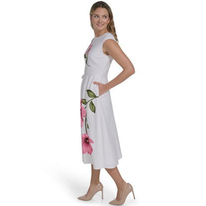 Jessica Howard Petite Extended Cap Belted Jewel Neck Midi Dress