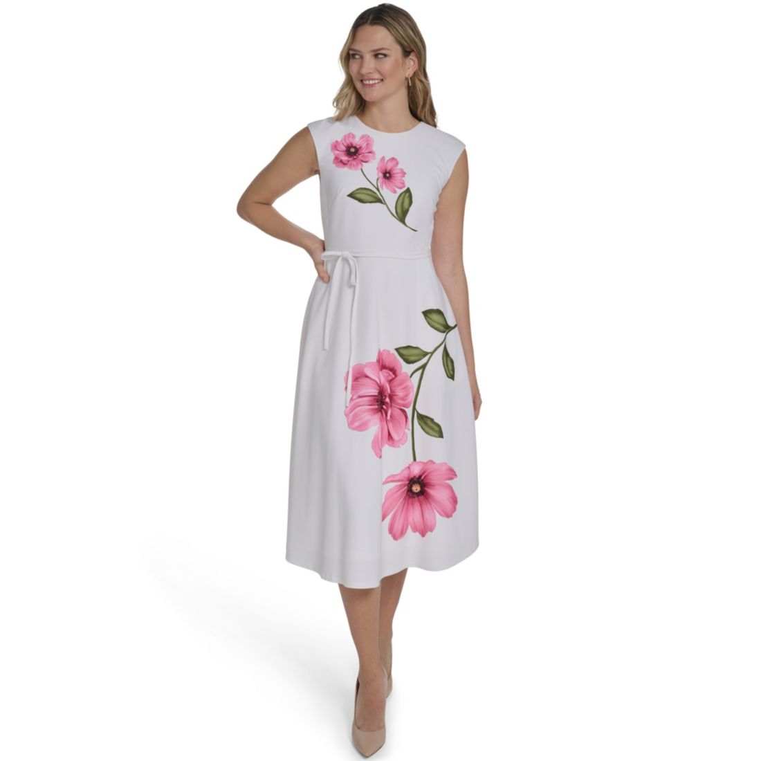 Jessica Howard Petite Extended Cap Belted Jewel Neck Midi Dress