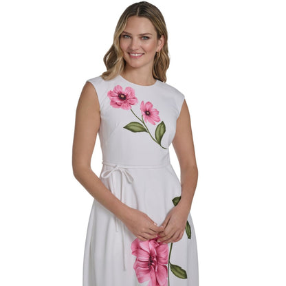 Jessica Howard Petite Extended Cap Belted Jewel Neck Midi Dress