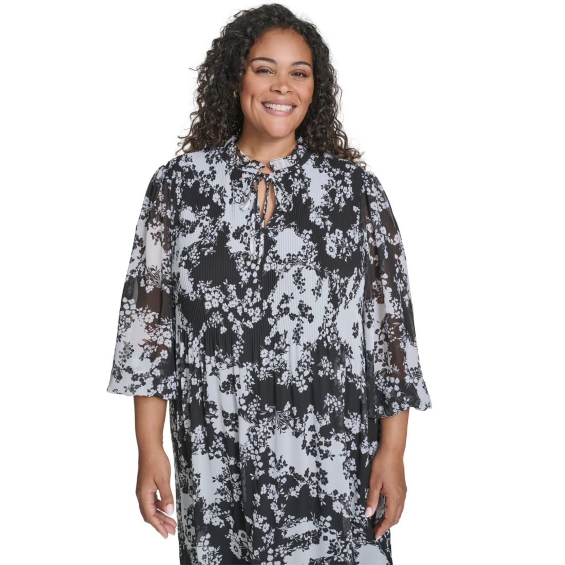 Jessica Howard Plus Size Tie Split Neck Pleated Bodice Dress