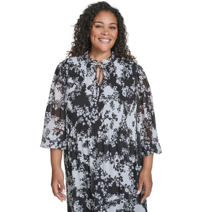 Jessica Howard Plus Size Tie Split Neck Pleated Bodice Dress