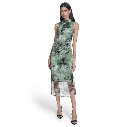Vince Camuto Women's Printed Organza Overlay Mock Neck Midi Dress