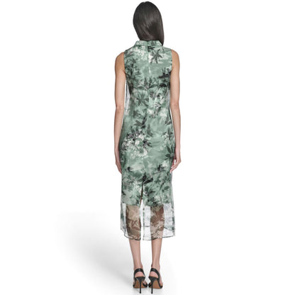 Vince Camuto Women's Printed Organza Overlay Mock Neck Midi Dress