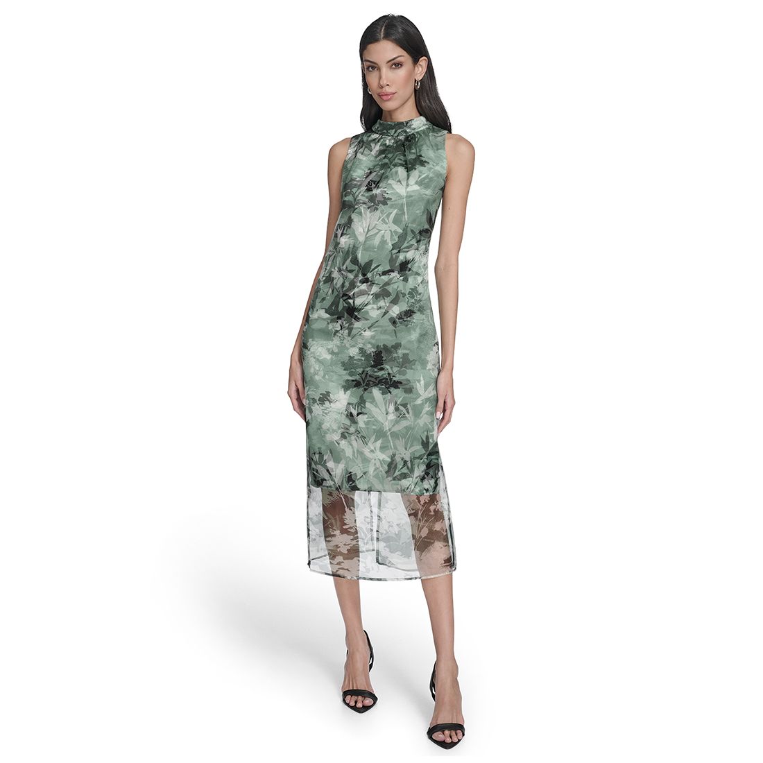 Vince Camuto Women's Printed Organza Overlay Mock Neck Midi Dress