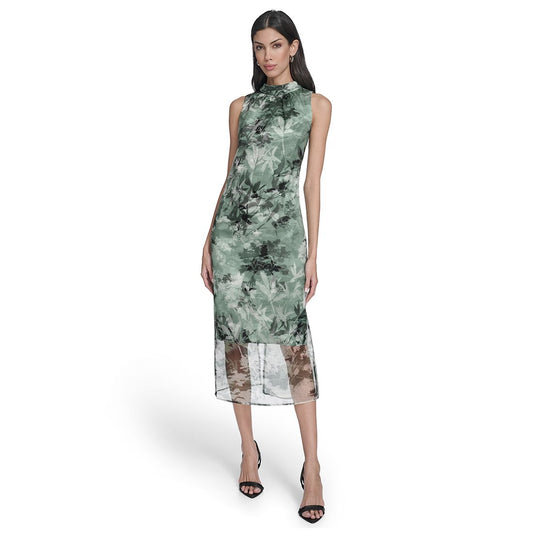 Vince Camuto Women's Printed Organza Overlay Mock Neck Midi Dress