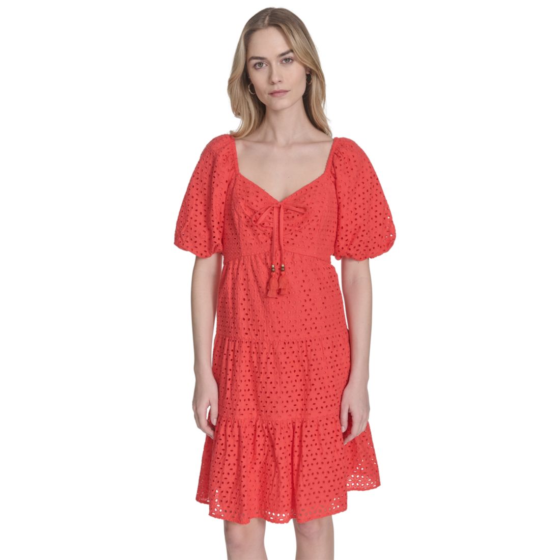 Vince Camuto Women's V-Neck Short-Puff-Sleeve Eyelet Dress