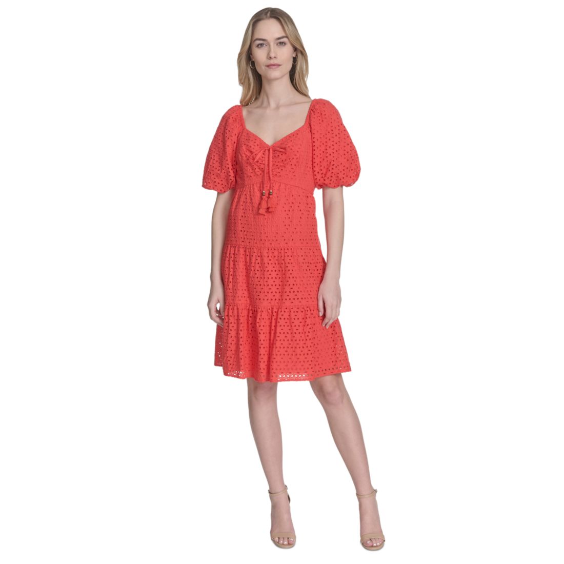 Vince Camuto Women's V-Neck Short-Puff-Sleeve Eyelet Dress