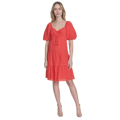 Vince Camuto Women's V-Neck Short-Puff-Sleeve Eyelet Dress