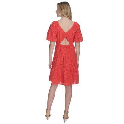 Vince Camuto Women's V-Neck Short-Puff-Sleeve Eyelet Dress