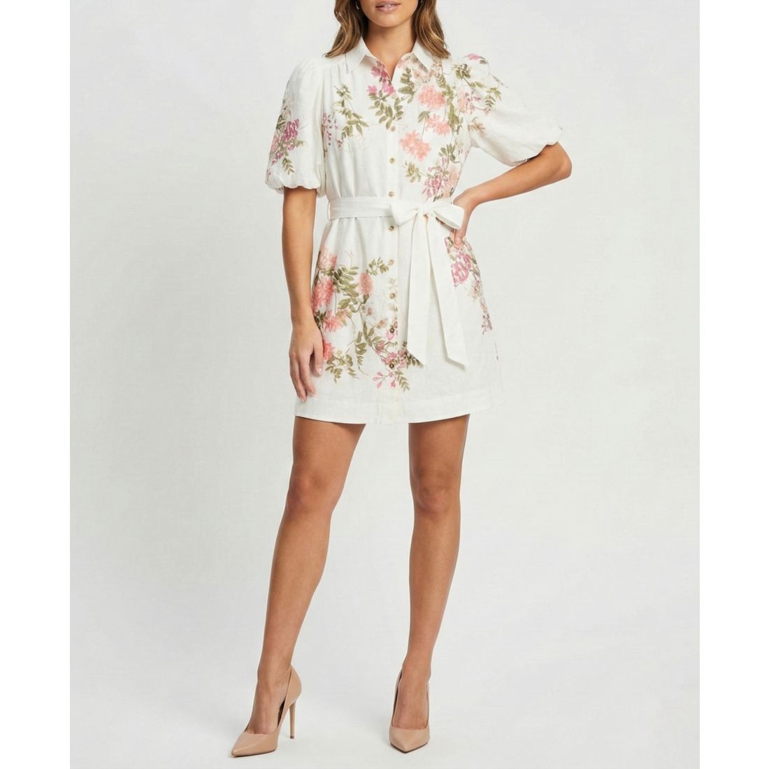 Taylor Women's Floral Puff-Sleeve Shirt Dress