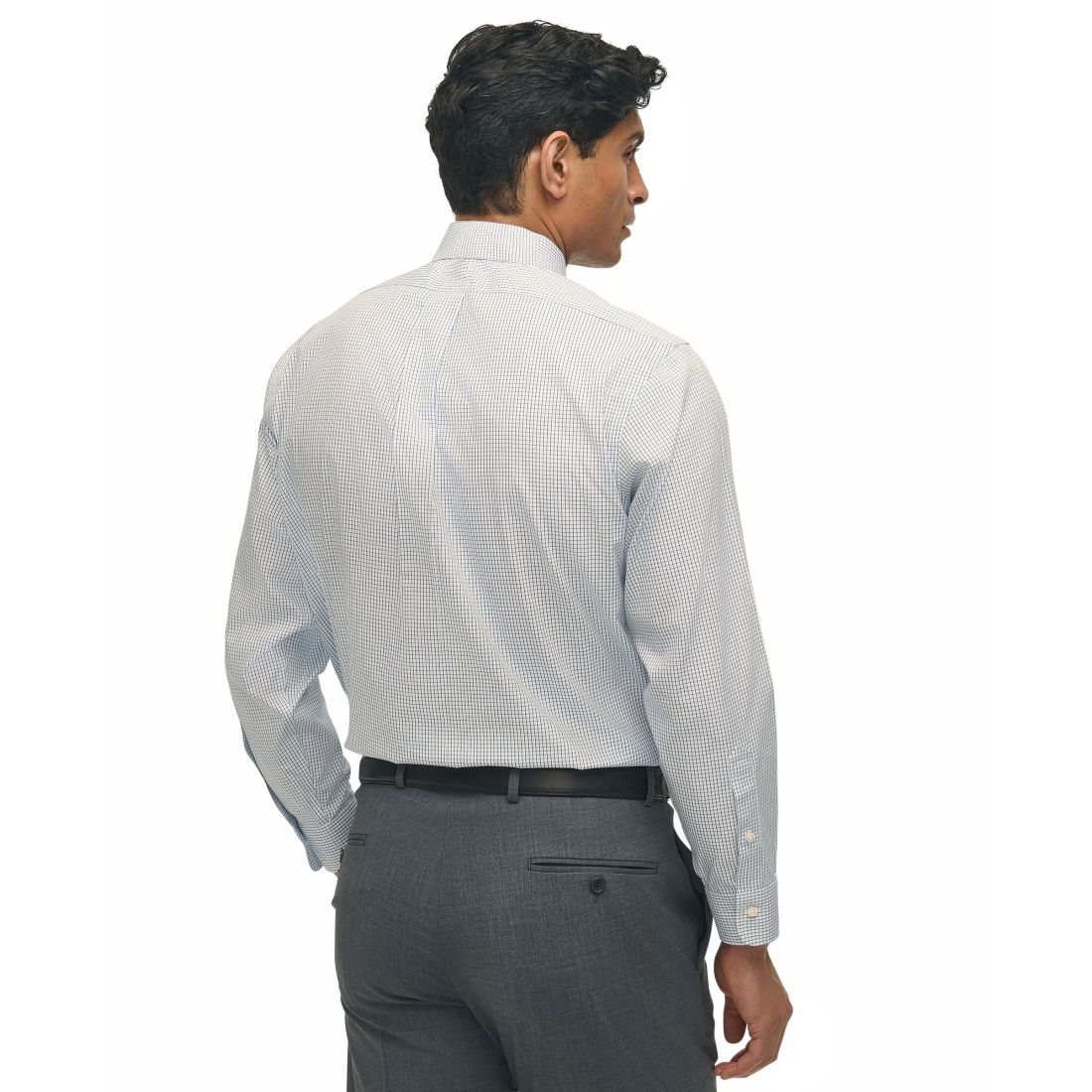 Men's Regular Fit Non-Iron Polo Button-Down Collar Blue Check Pinpoint Dress Shirt