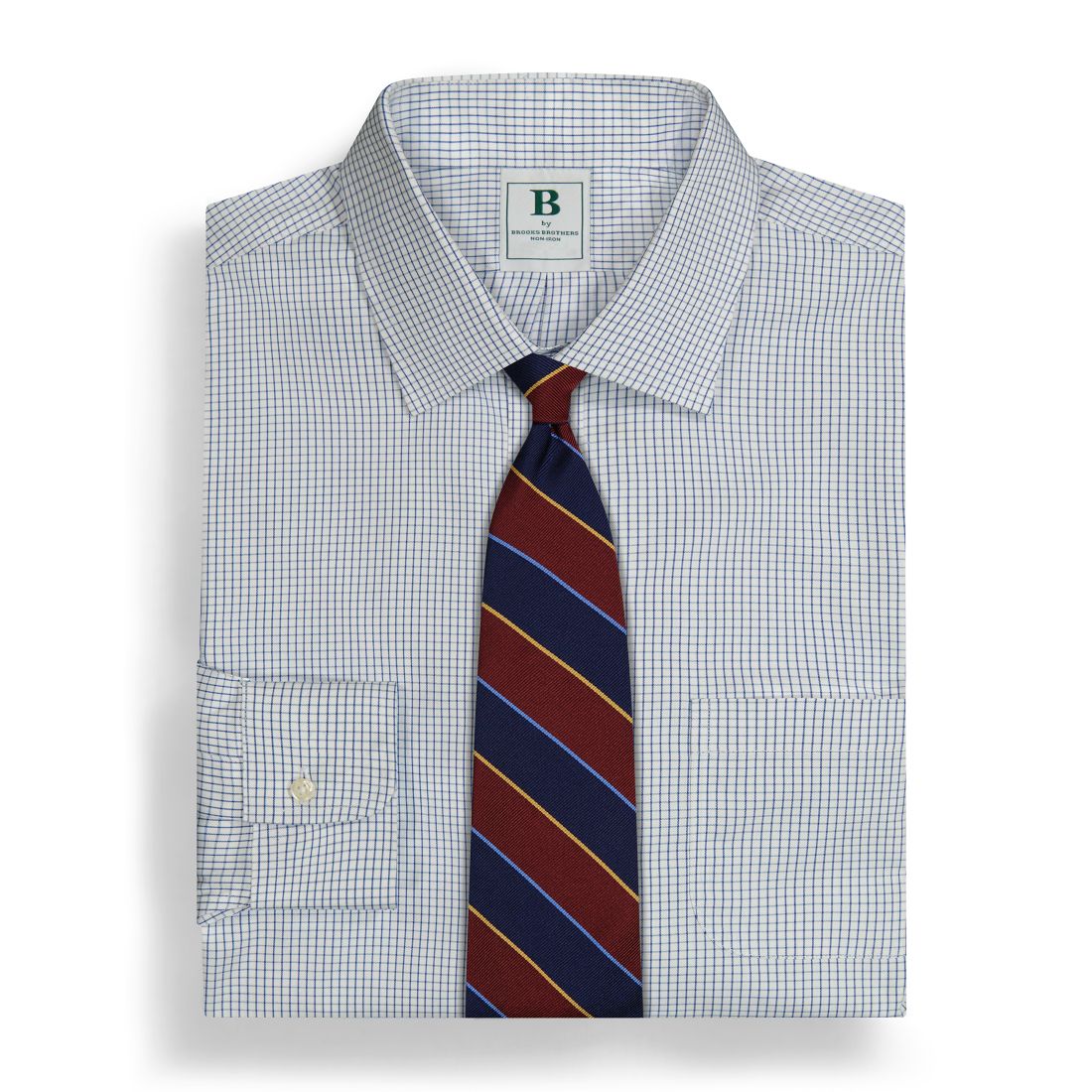 Men's Regular Fit Non-Iron Polo Button-Down Collar Blue Check Pinpoint Dress Shirt