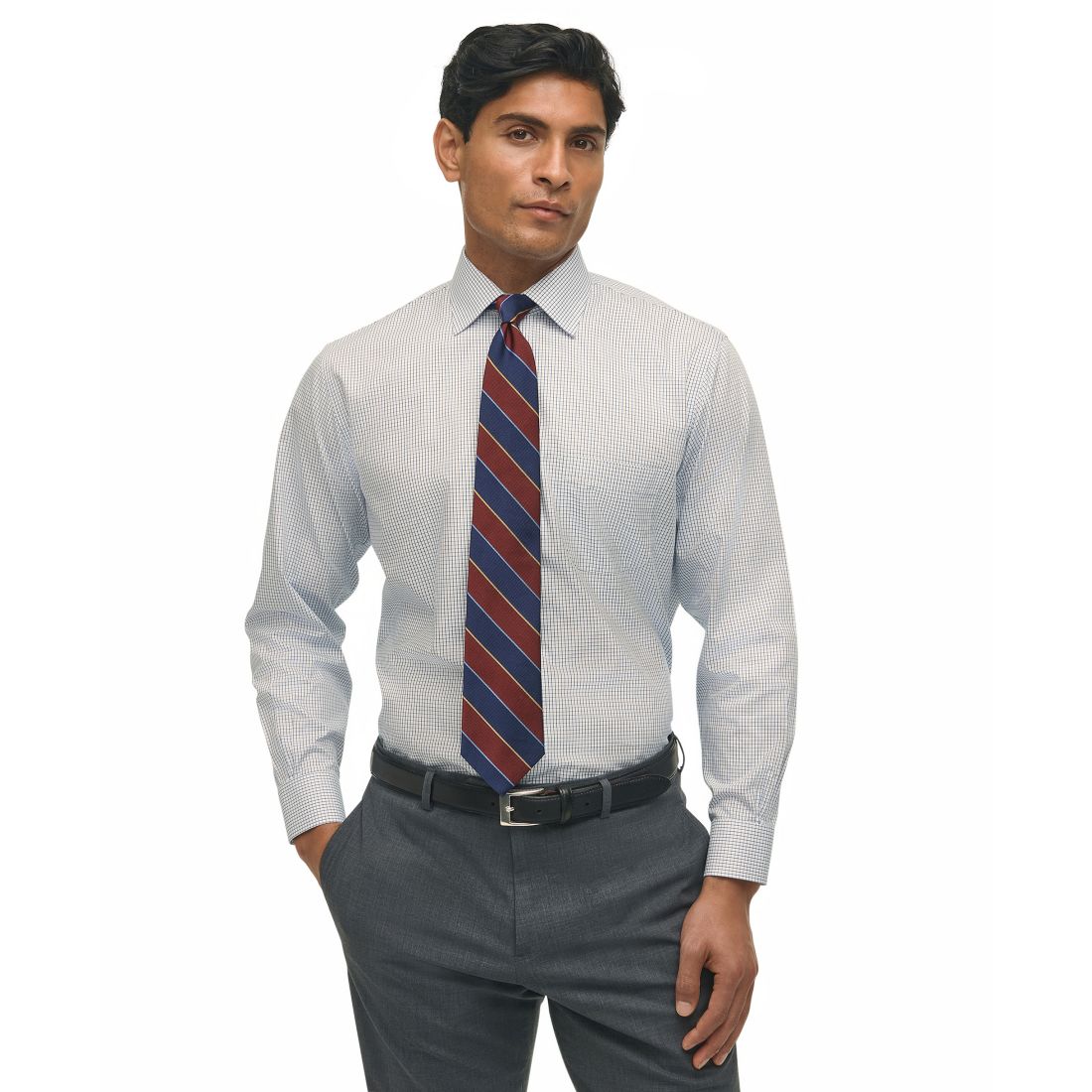 Men's Regular Fit Non-Iron Polo Button-Down Collar Blue Check Pinpoint Dress Shirt