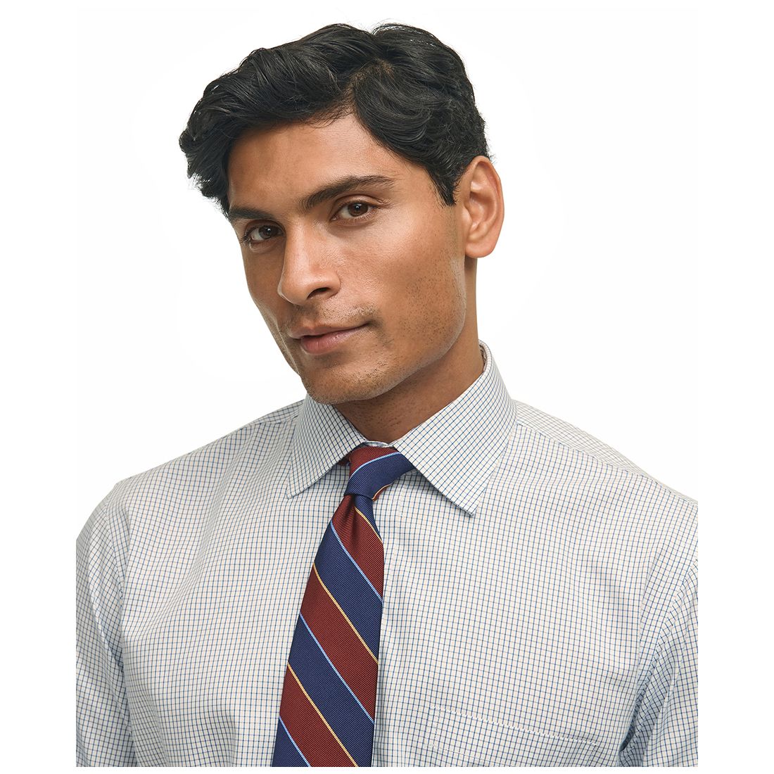 Men's Regular Fit Non-Iron Polo Button-Down Collar Blue Check Pinpoint Dress Shirt