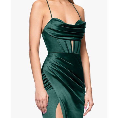 Blondie Nites Juniors' Satin Corset-Waist Draped-Neck Gown