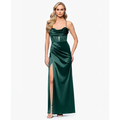Blondie Nites Juniors' Satin Corset-Waist Draped-Neck Gown