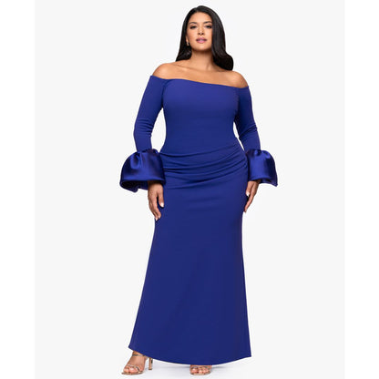 Betsy & Adam Plus Size Scuba Bell Sleeve Off-The-Shoulder Long Dress