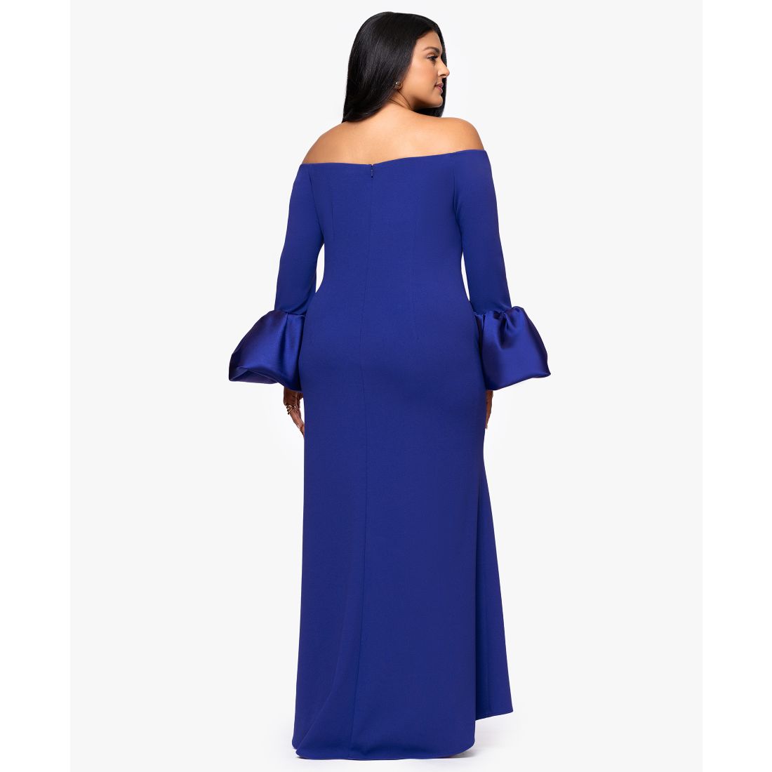 Betsy & Adam Plus Size Scuba Bell Sleeve Off-The-Shoulder Long Dress