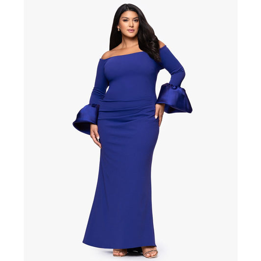 Betsy & Adam Plus Size Scuba Bell Sleeve Off-The-Shoulder Long Dress