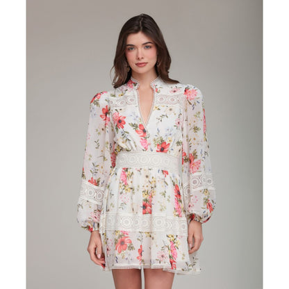 Avec Les Filles Women's Floral-Print Lace-Trim Chiffon Dress