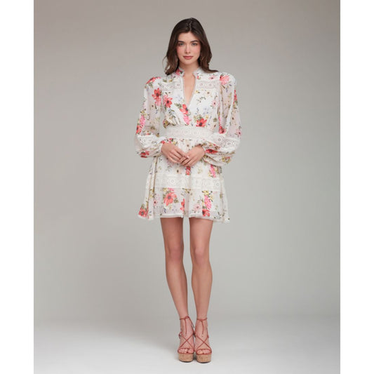 Avec Les Filles Women's Floral-Print Lace-Trim Chiffon Dress