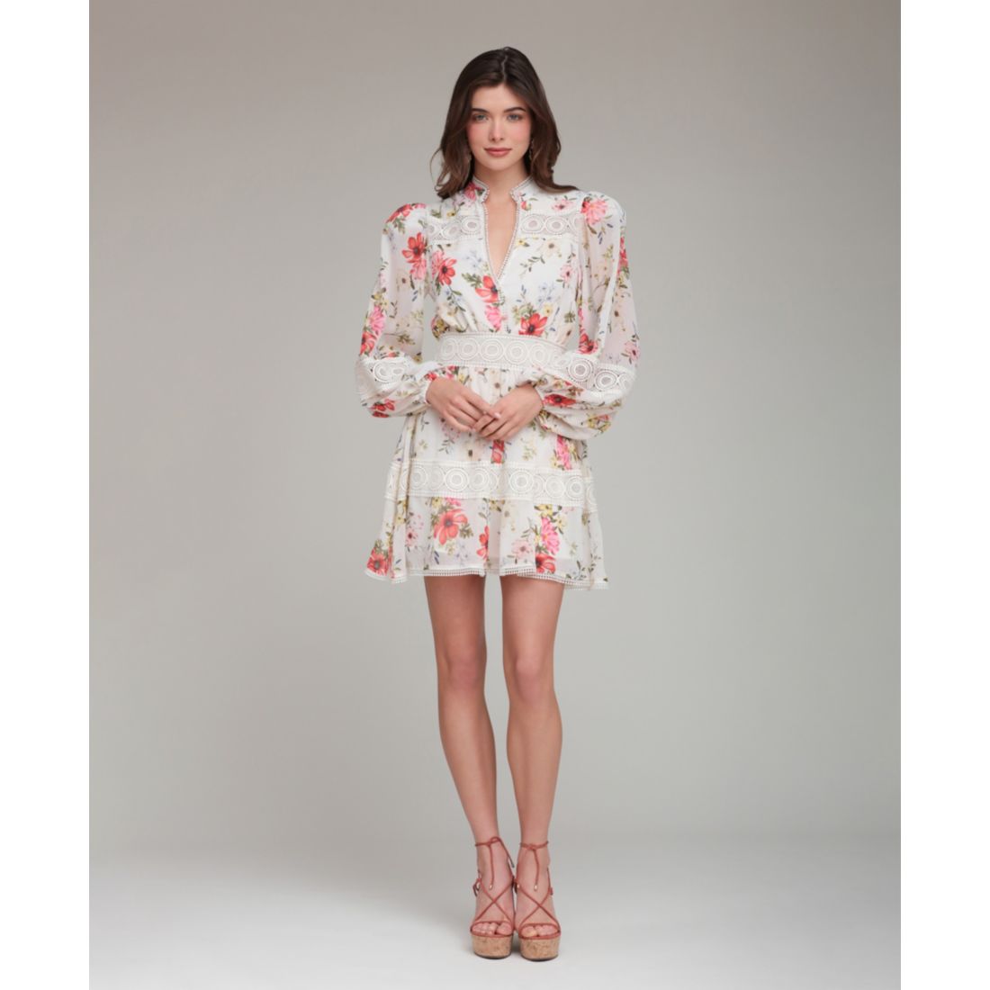 Avec Les Filles Women's Floral-Print Lace-Trim Chiffon Dress