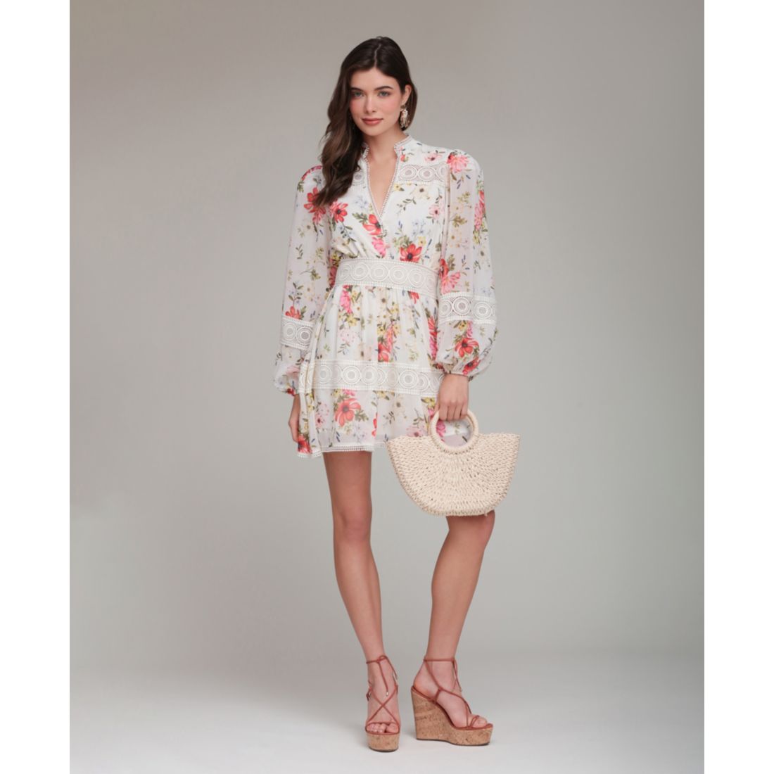 Avec Les Filles Women's Floral-Print Lace-Trim Chiffon Dress